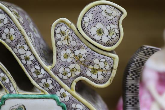 A 19th century Chinese enamelled biscuit Fu wine pot and cover, repaired